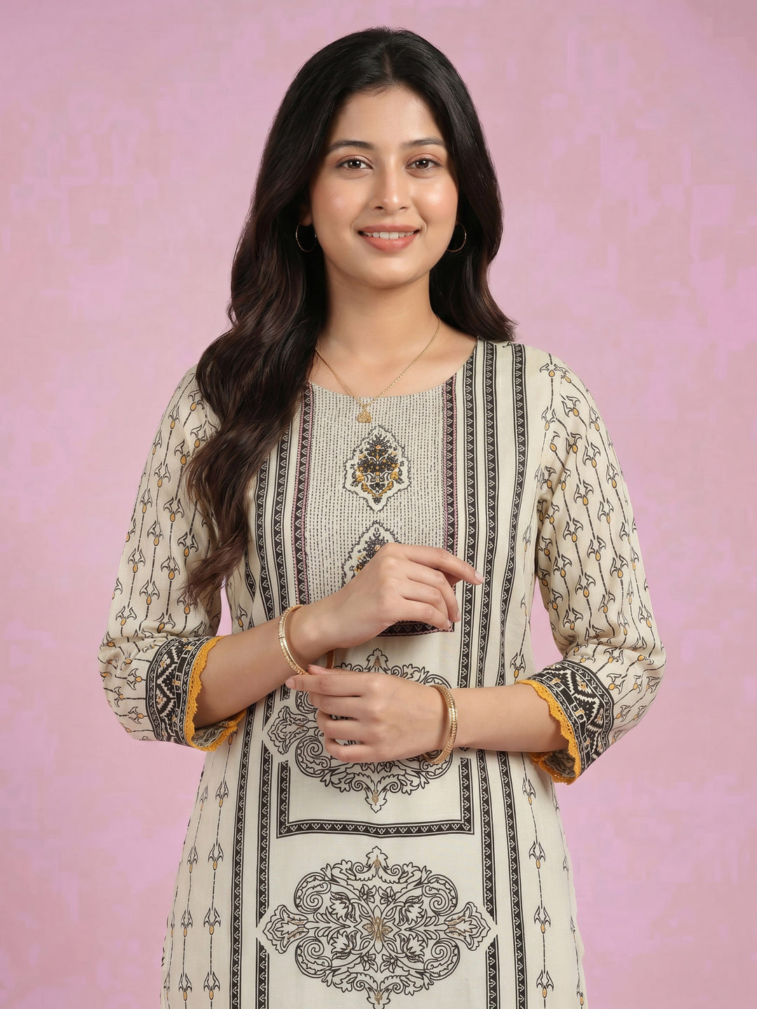 Cream Black Printed Cotton Blend Round Neck Suit Set