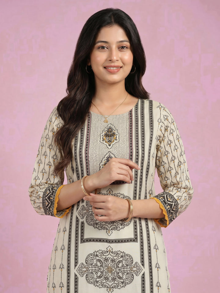 Cream Black Printed Cotton Blend Round Neck Suit Set