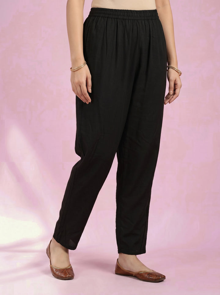 Cream Black Printed Cotton Blend Round Neck Suit Set