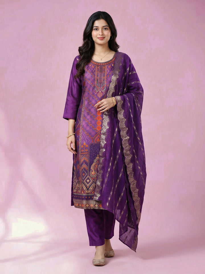 Purple Embroidered Crepe Round Neck Suit Set