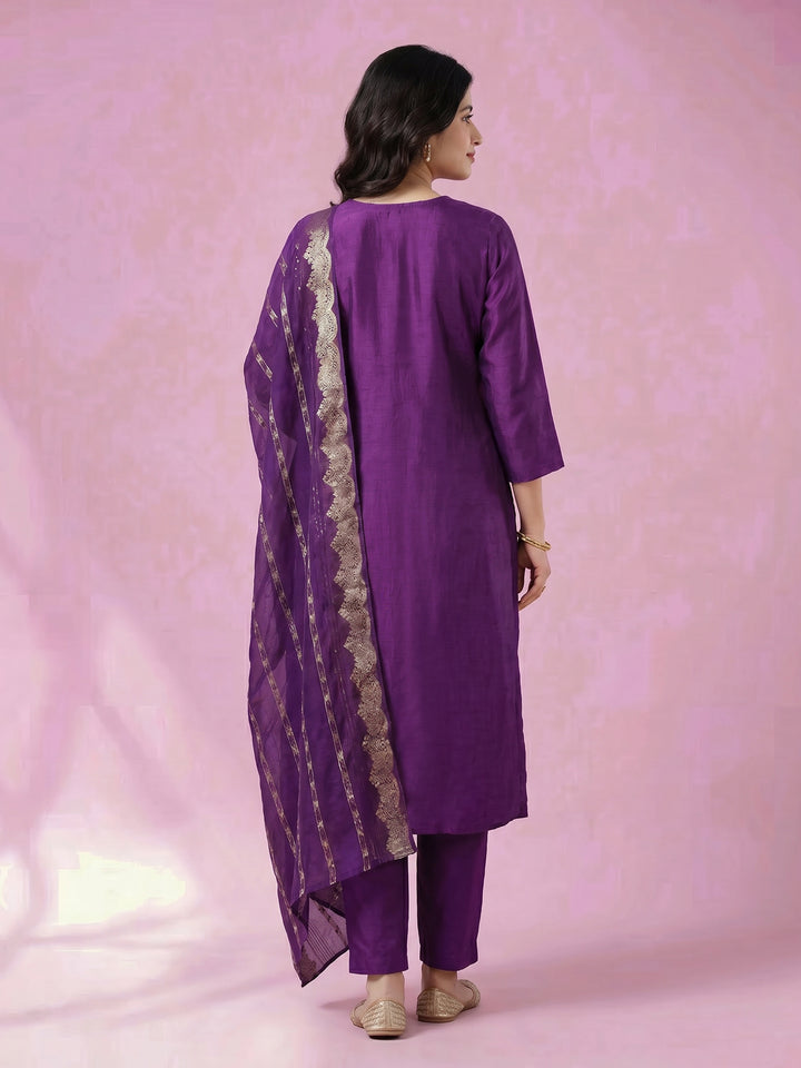 Purple Embroidered Crepe Round Neck Suit Set