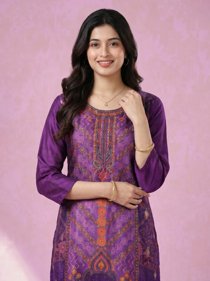 Purple Embroidered Crepe Round Neck Suit Set