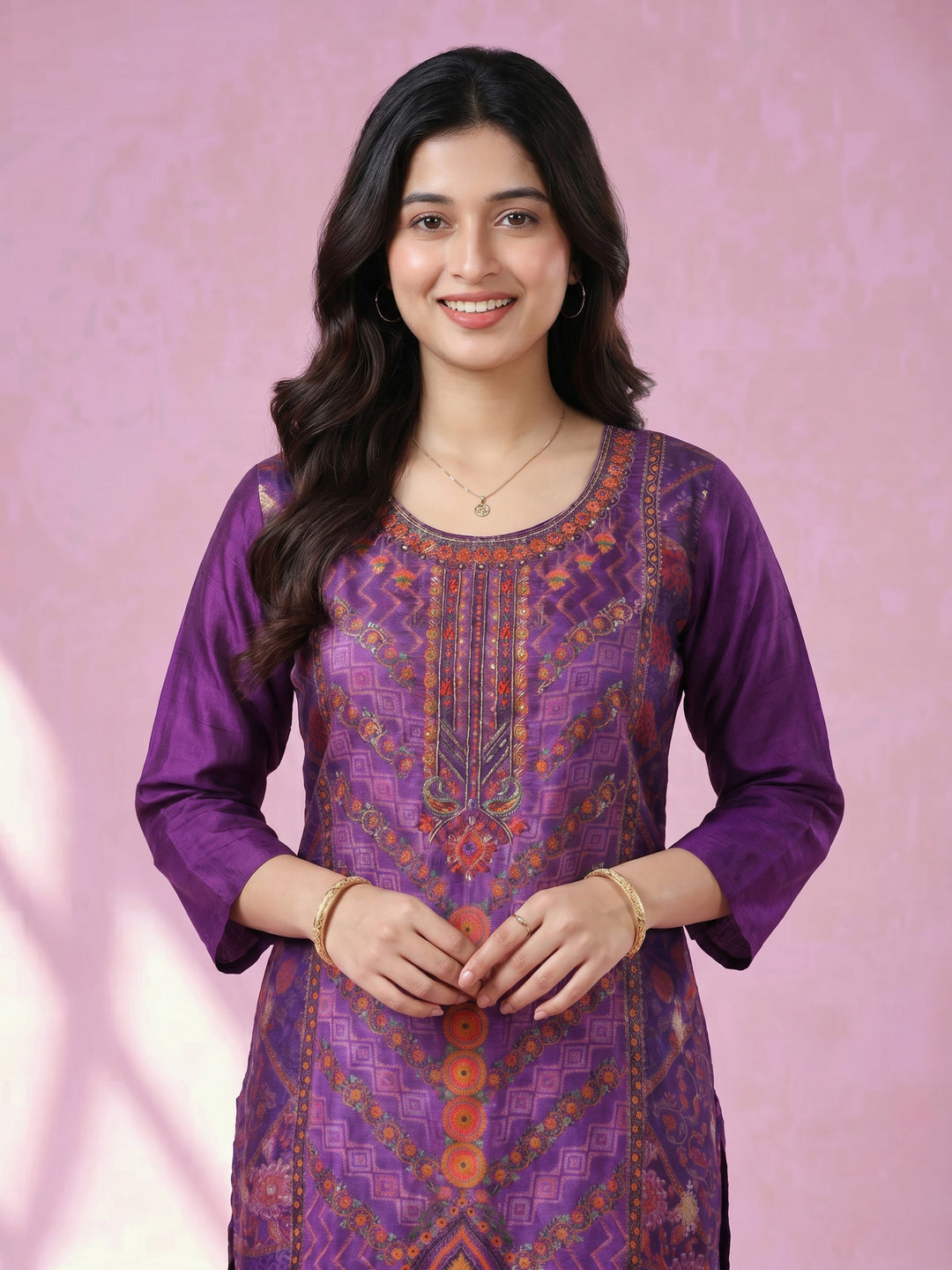 Purple Embroidered Crepe Round Neck Suit Set
