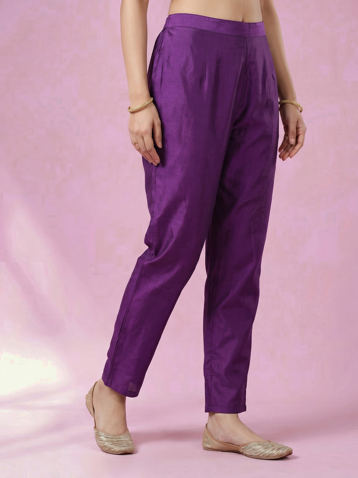 Purple Embroidered Crepe Round Neck Suit Set