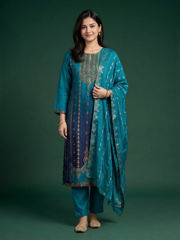 Lake Blue Embroidered Crepe Round Neck Suit Set