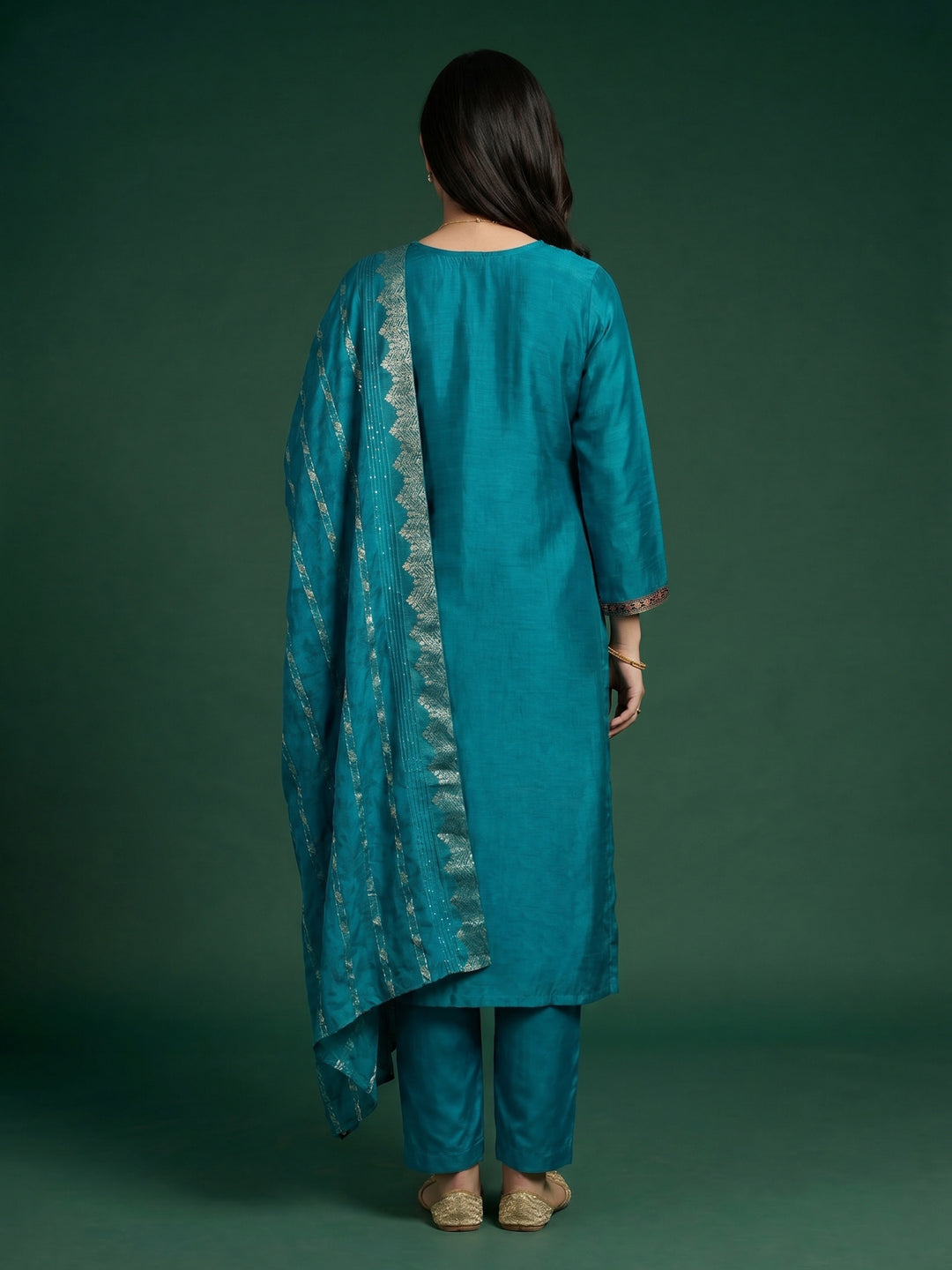 Lake Blue Embroidered Crepe Round Neck Suit Set