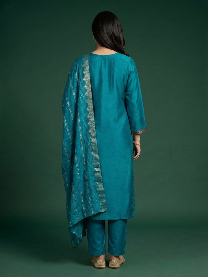 Lake Blue Embroidered Crepe Round Neck Suit Set