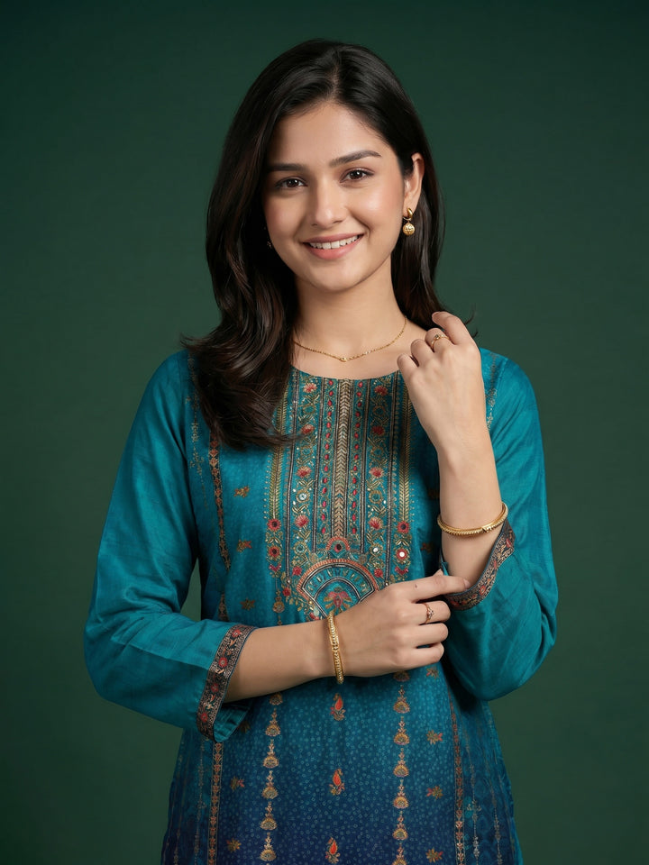 Lake Blue Embroidered Crepe Round Neck Suit Set
