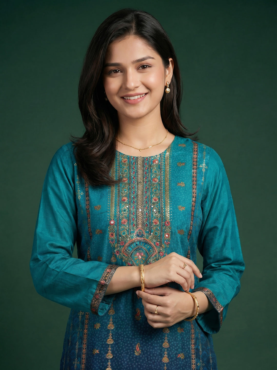 Lake Blue Embroidered Crepe Round Neck Suit Set