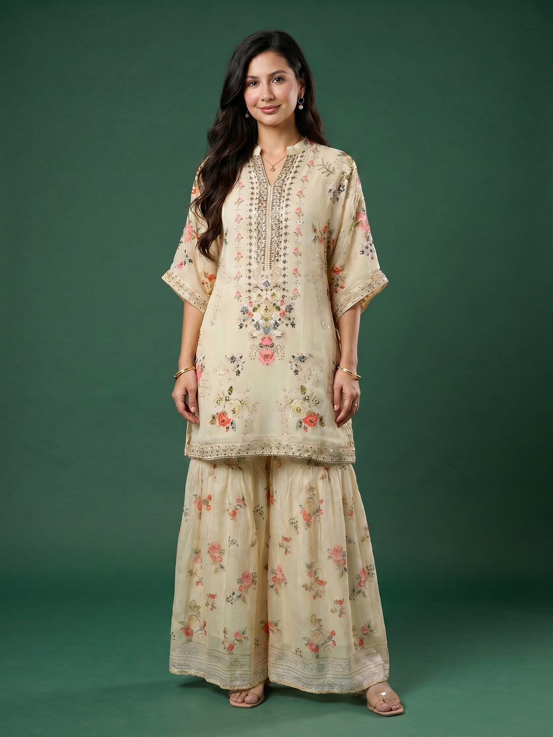 Cream Printed Chinon Round Neck Kurta &amp; Palazo With Muslin Dupatta