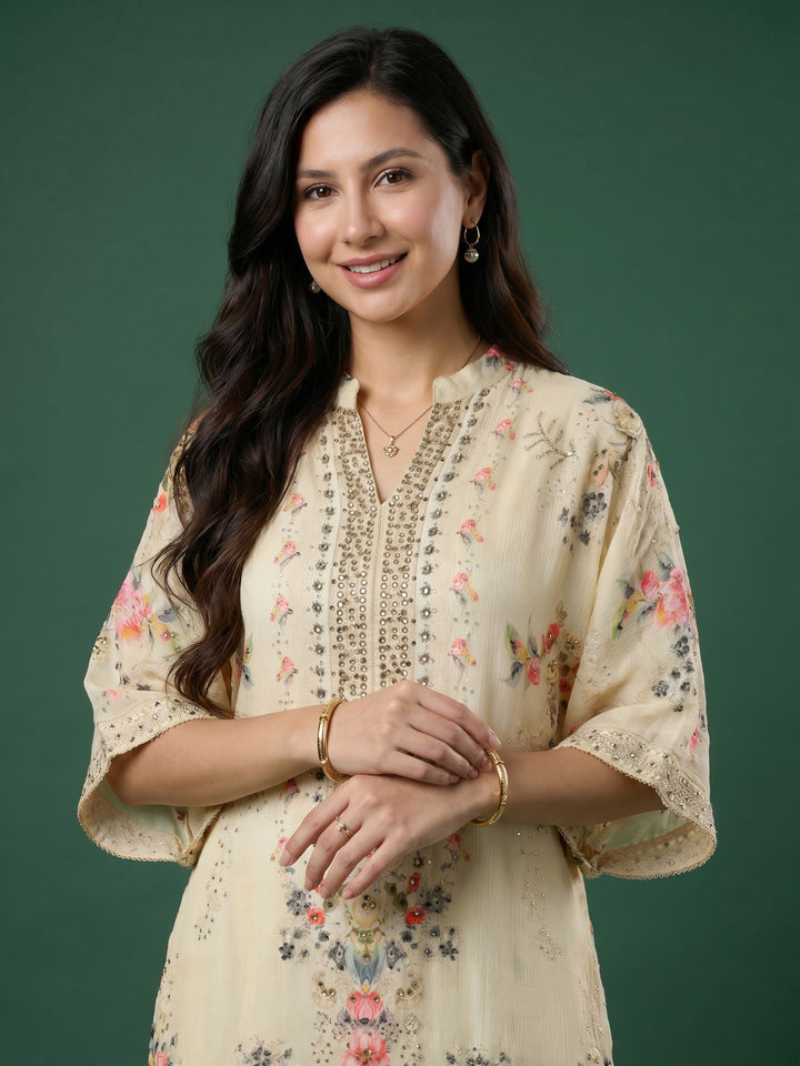 Cream Printed Chinon Round Neck Kurta &amp; Palazo With Muslin Dupatta