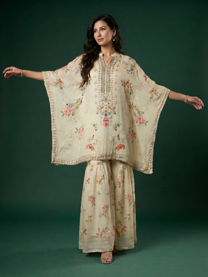 Cream Printed Chinon Round Neck Kurta &amp; Palazo With Muslin Dupatta