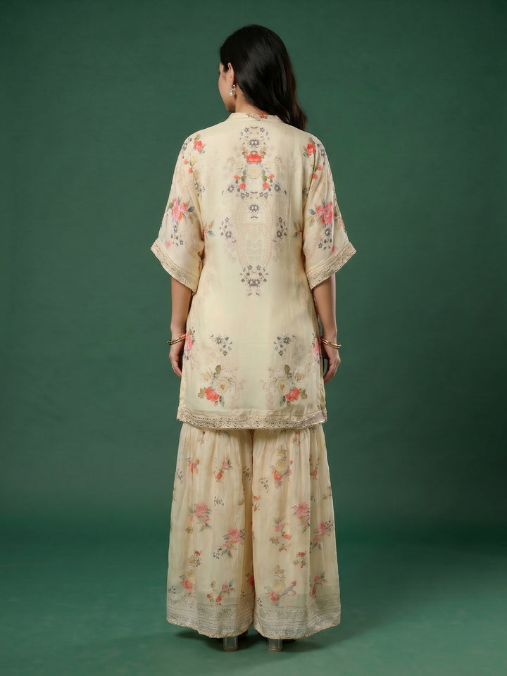 Cream Printed Chinon Round Neck Kurta &amp; Palazo With Muslin Dupatta