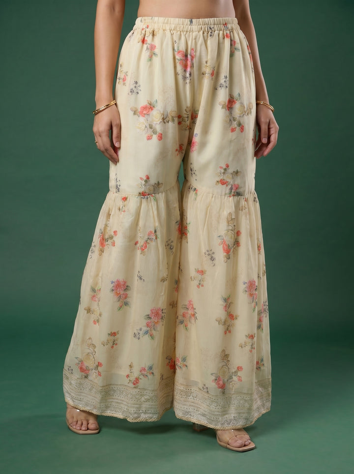 Cream Printed Chinon Round Neck Kurta &amp; Palazo With Muslin Dupatta