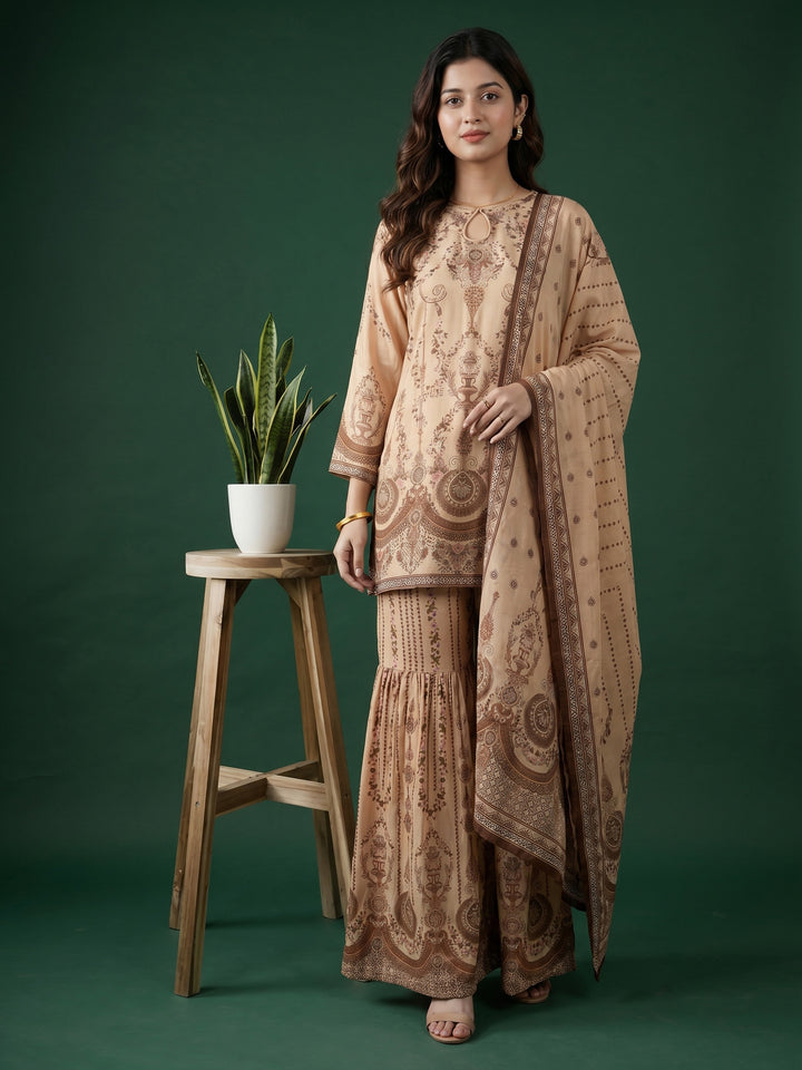 Beige Printed Muslin Round Neck Kurta &amp; Palazo With Muslin Dupatta