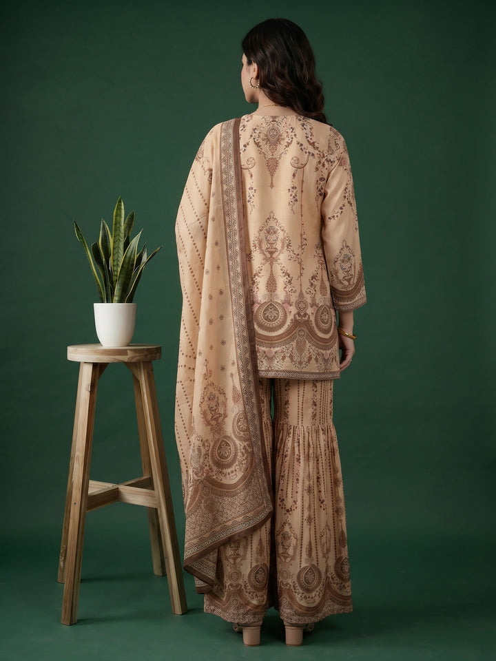 Beige Printed Muslin Round Neck Kurta &amp; Palazo With Muslin Dupatta