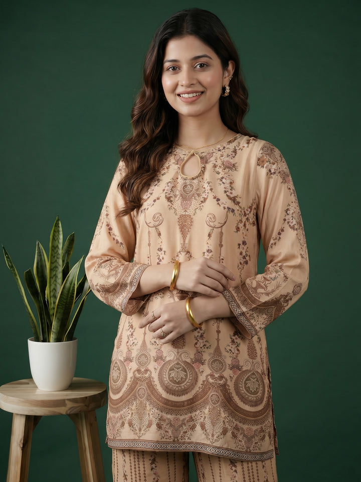 Beige Printed Muslin Round Neck Kurta &amp; Palazo With Muslin Dupatta