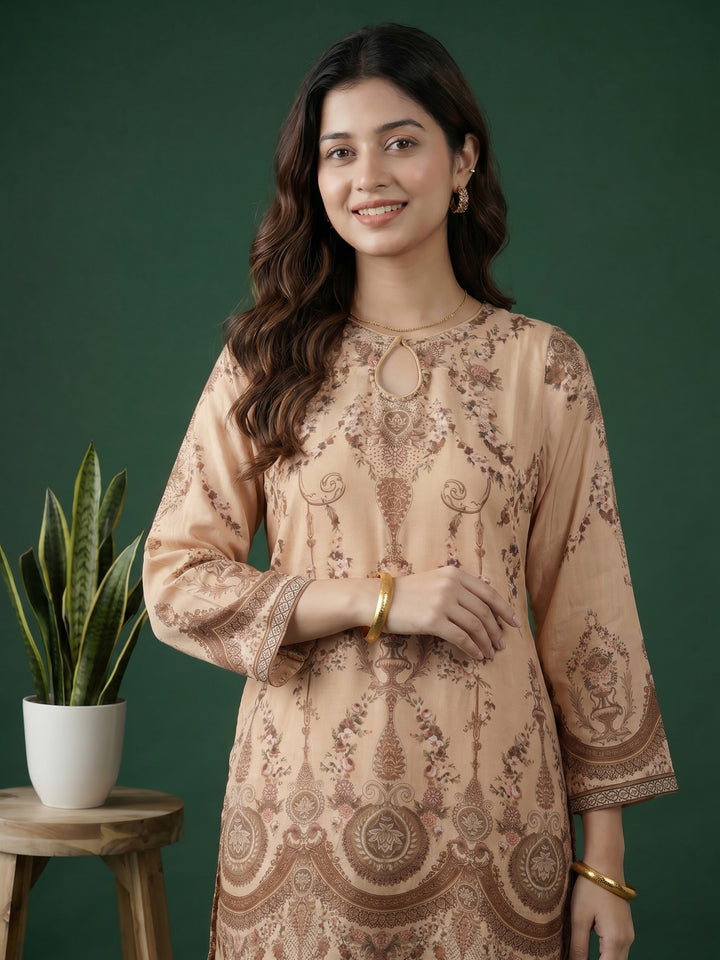 Beige Printed Muslin Round Neck Kurta &amp; Palazo With Muslin Dupatta