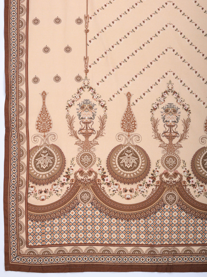 Beige Printed Muslin Round Neck Kurta &amp; Palazo With Muslin Dupatta