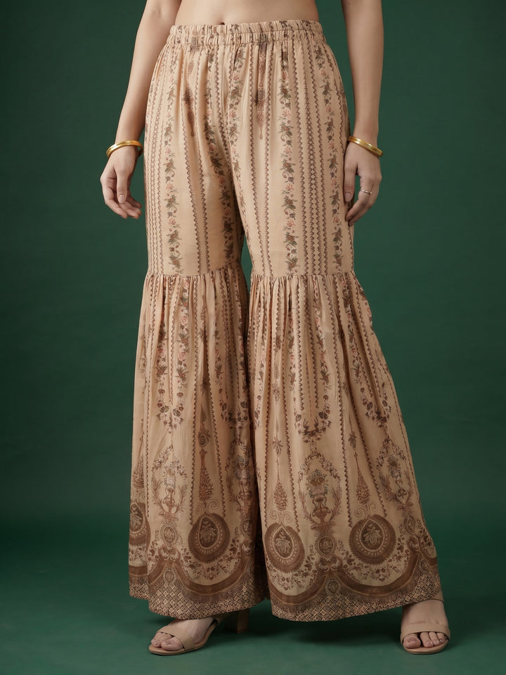Beige Printed Muslin Round Neck Kurta &amp; Palazo With Muslin Dupatta