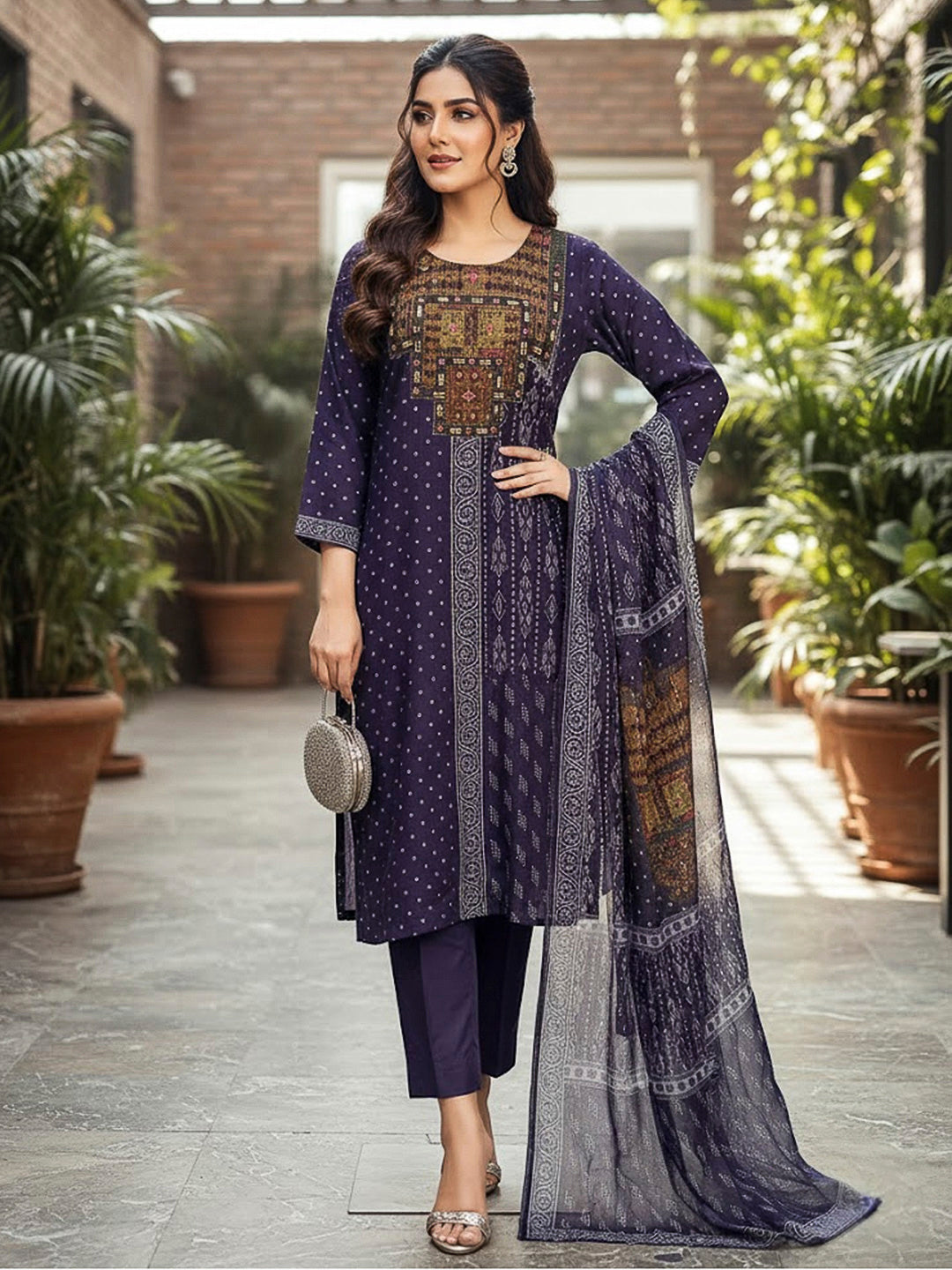 Blue Embroidered Cotton Blend Kurta With Pant &amp; Dupatta