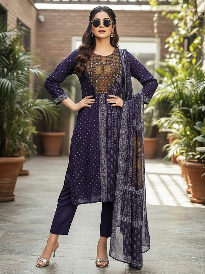 Blue Embroidered Cotton Blend Kurta With Pant &amp; Dupatta