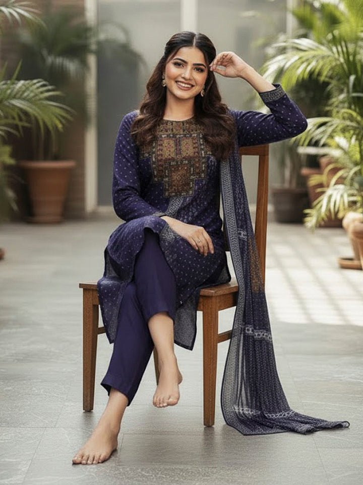 Blue Embroidered Cotton Blend Kurta With Pant &amp; Dupatta