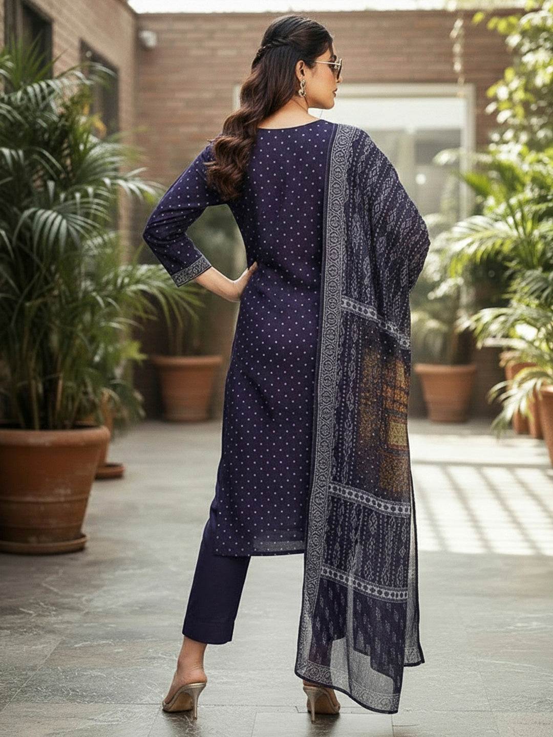 Blue Embroidered Cotton Blend Kurta With Pant &amp; Dupatta