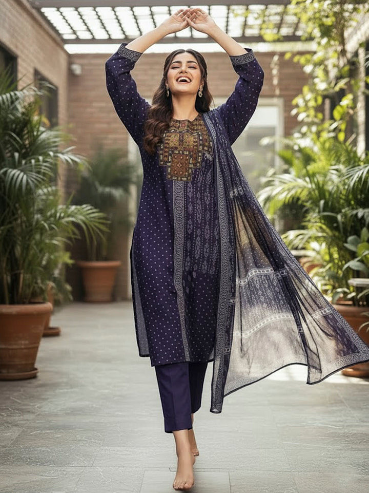 Blue Embroidered Cotton Blend Kurta With Pant &amp; Dupatta