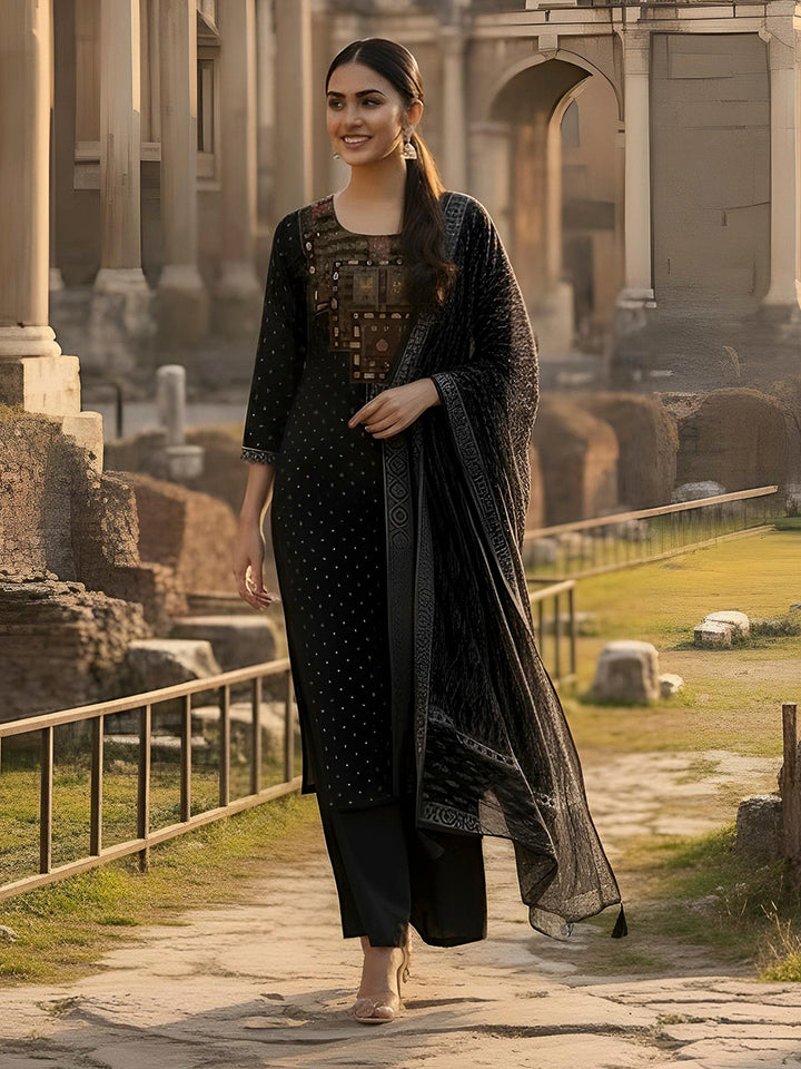 Black Embroidered Cotton Blend Kurta With Pant &amp; Dupatta