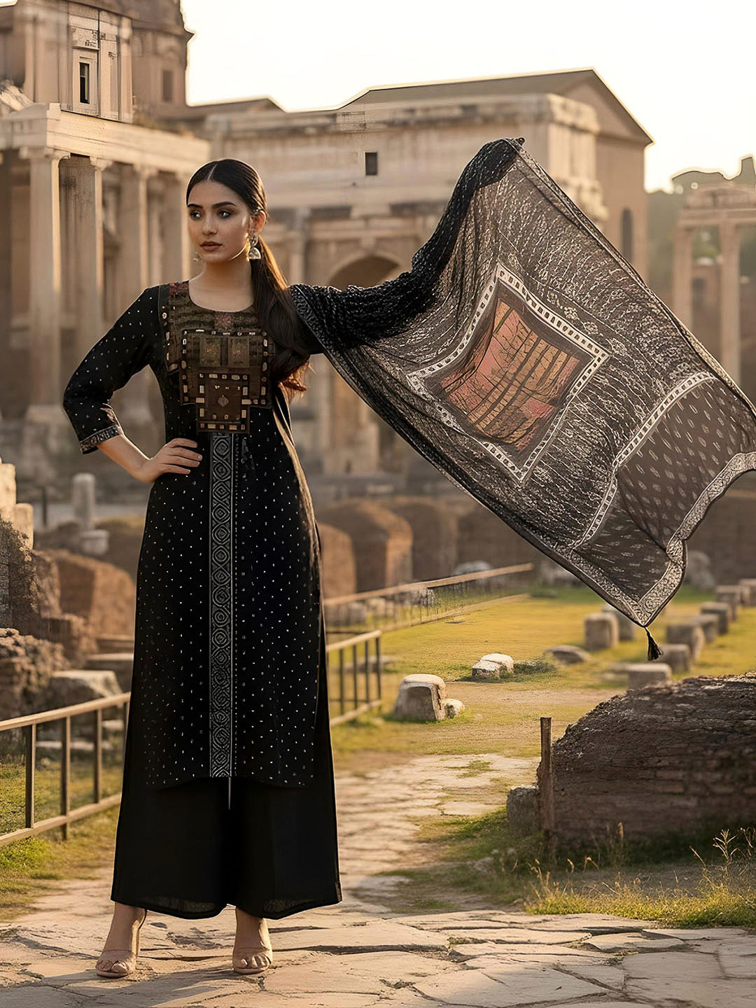 Black Embroidered Cotton Blend Kurta With Pant &amp; Dupatta