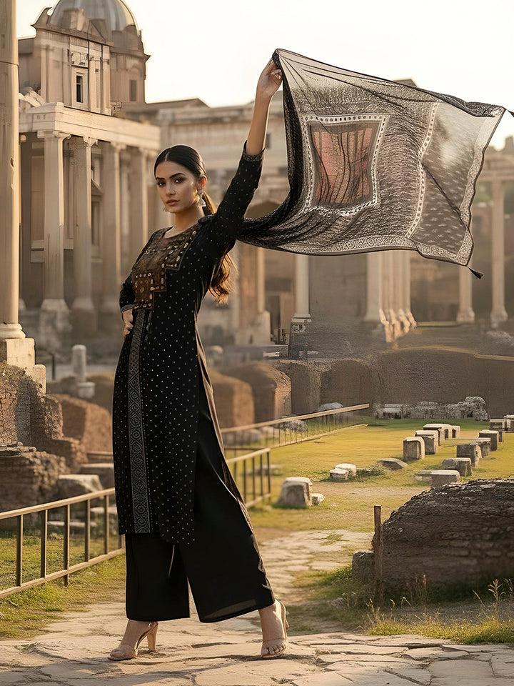 Black Embroidered Cotton Blend Kurta With Pant &amp; Dupatta