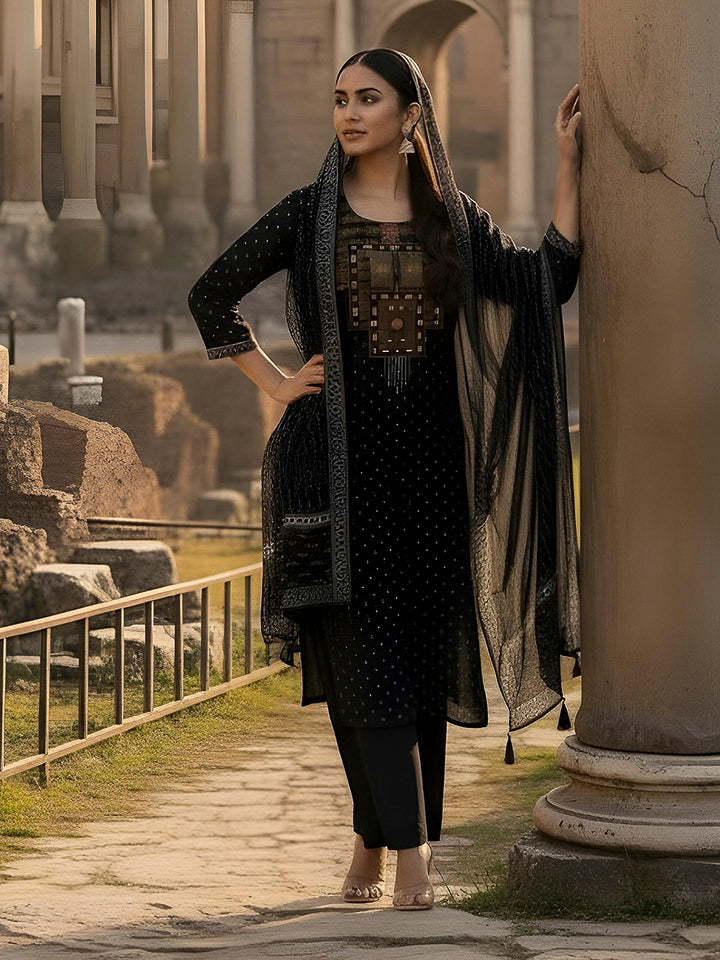 Black Embroidered Cotton Blend Kurta With Pant &amp; Dupatta