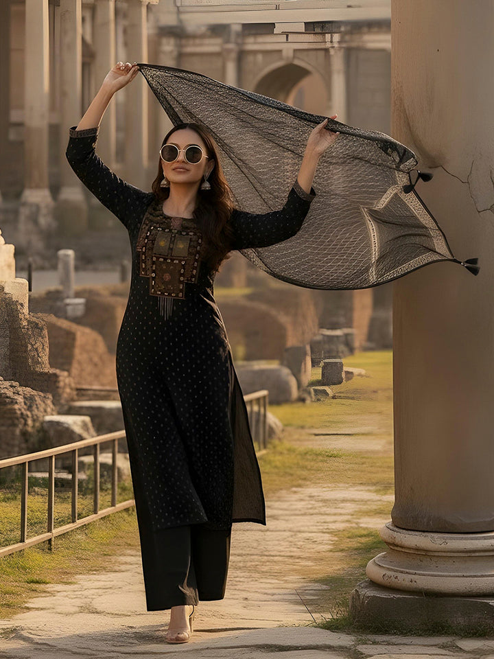 Black Embroidered Cotton Blend Kurta With Pant &amp; Dupatta