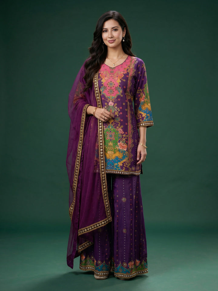 Purple Printed Crepe Round Neck Kurta &amp; Palazo With Crepe Dupatta