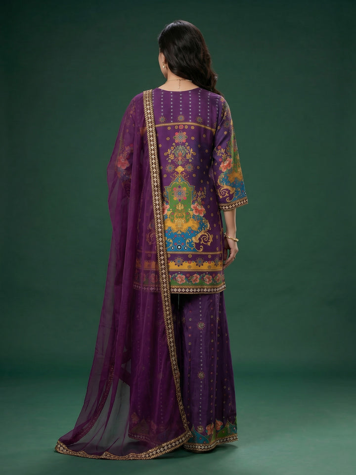 Purple Printed Crepe Round Neck Kurta &amp; Palazo With Crepe Dupatta