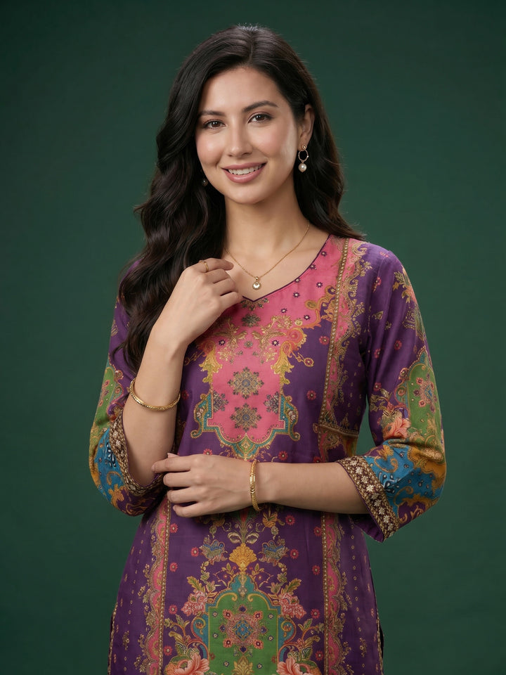Purple Printed Crepe Round Neck Kurta &amp; Palazo With Crepe Dupatta