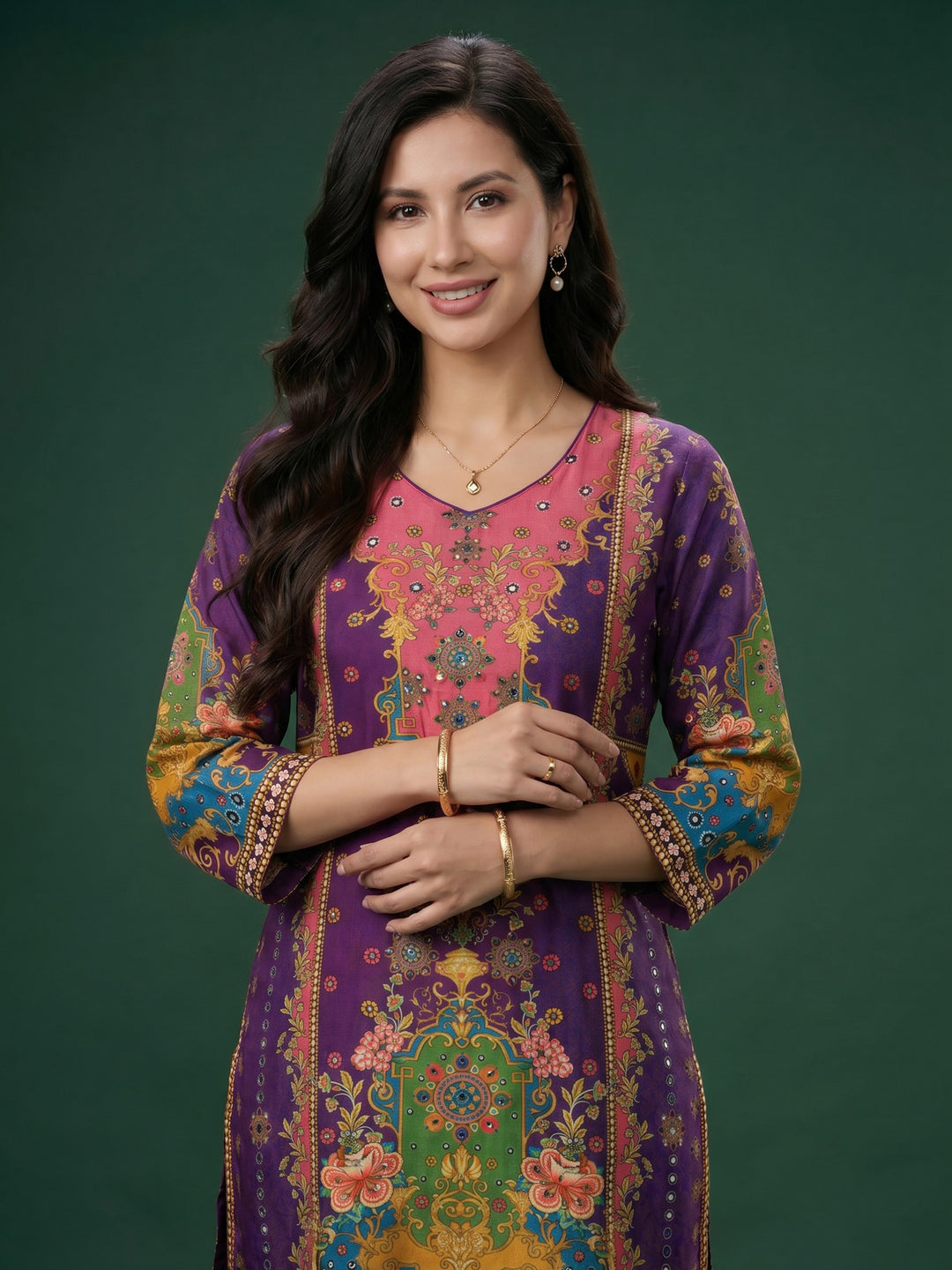 Purple Printed Crepe Round Neck Kurta &amp; Palazo With Crepe Dupatta