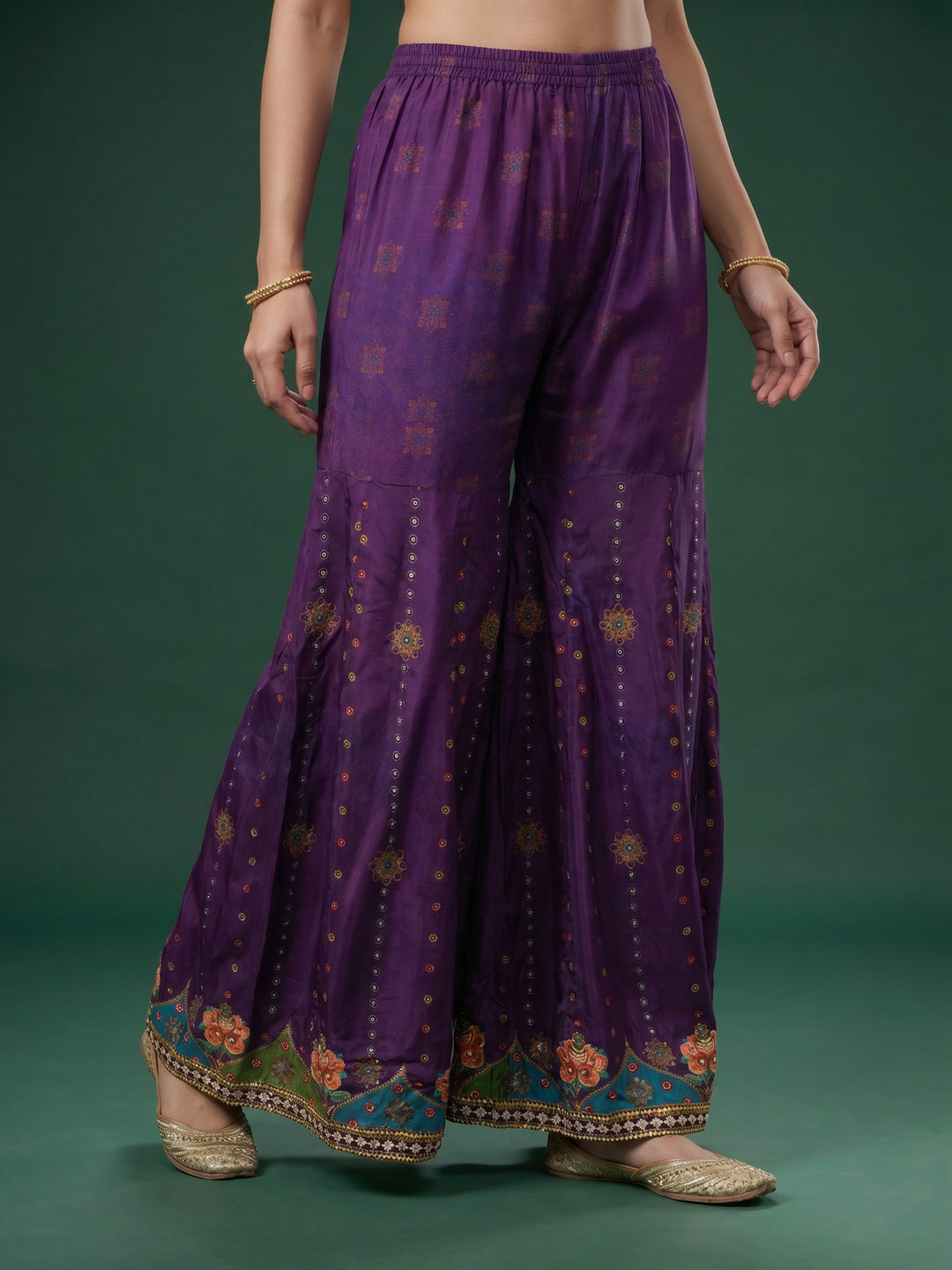 Purple Printed Crepe Round Neck Kurta &amp; Palazo With Crepe Dupatta