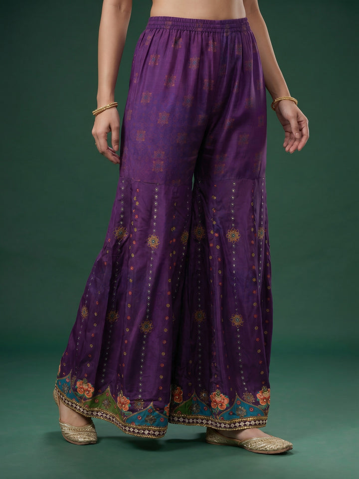 Purple Printed Crepe Round Neck Kurta &amp; Palazo With Crepe Dupatta