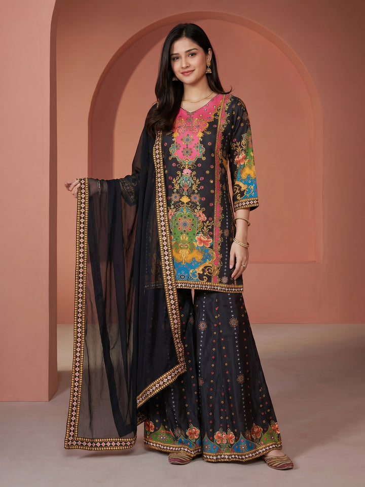 Black Printed Crepe Round Neck Kurta &amp; Palazo With Crepe Dupatta