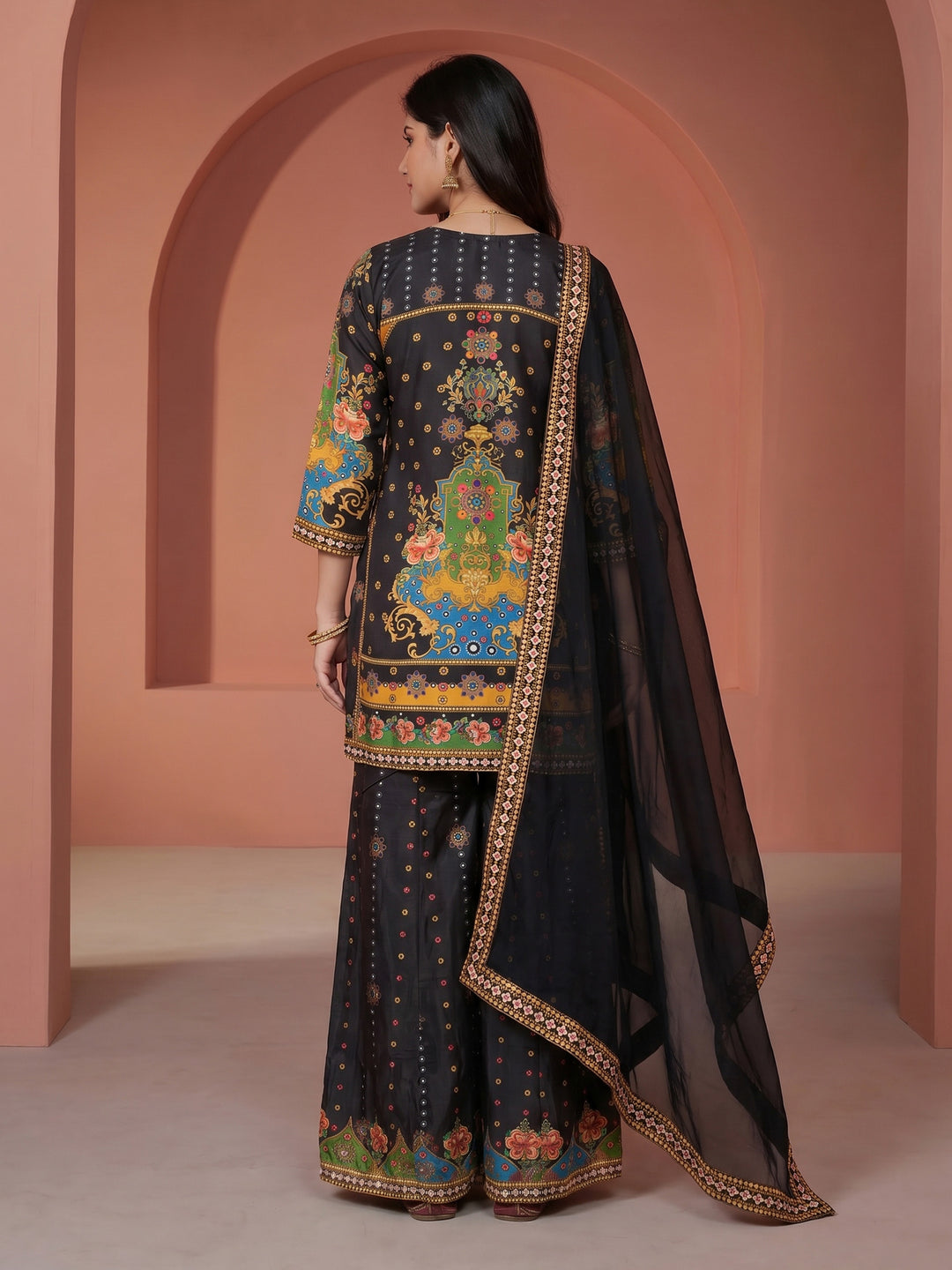 Black Printed Crepe Round Neck Kurta &amp; Palazo With Crepe Dupatta