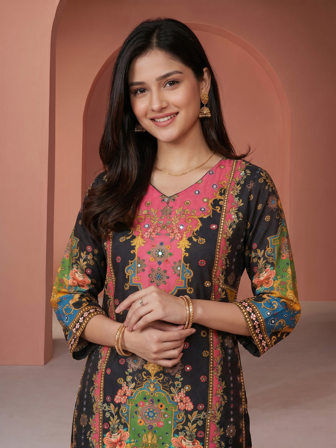 Black Printed Crepe Round Neck Kurta &amp; Palazo With Crepe Dupatta