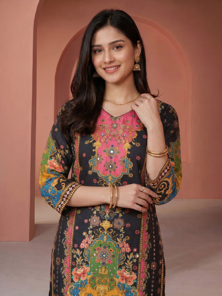 Black Printed Crepe Round Neck Kurta &amp; Palazo With Crepe Dupatta