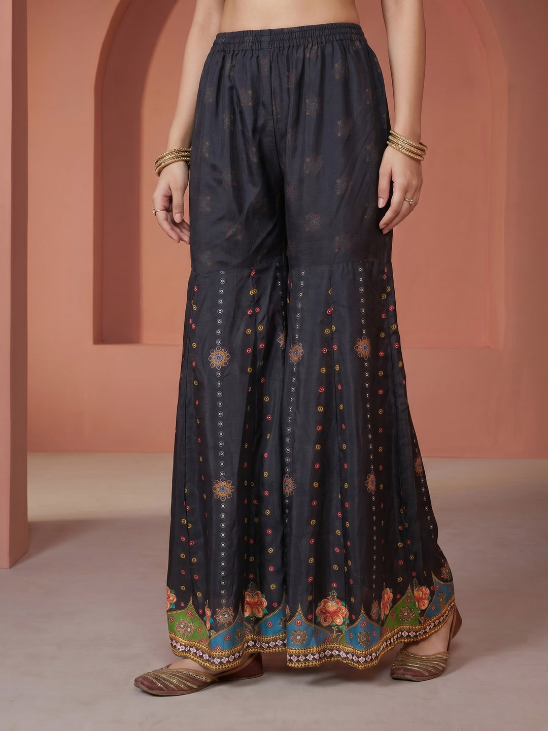 Black Printed Crepe Round Neck Kurta &amp; Palazo With Crepe Dupatta