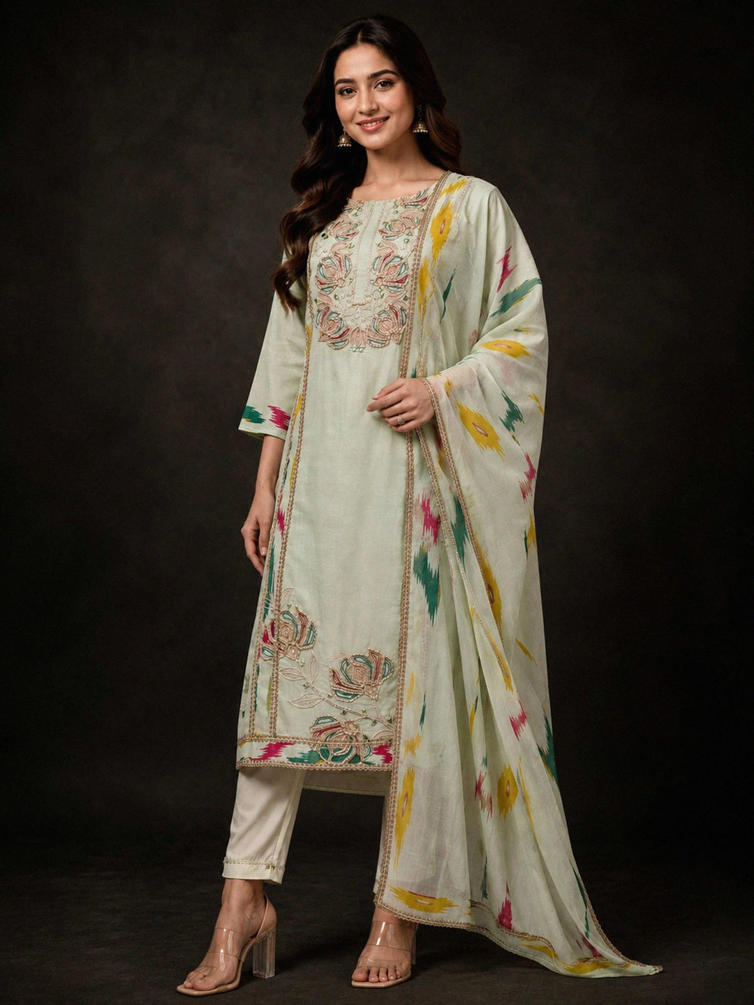 Lemon-Green Embroidery Cotton BlendKurta With Pant &amp; Dupatta
