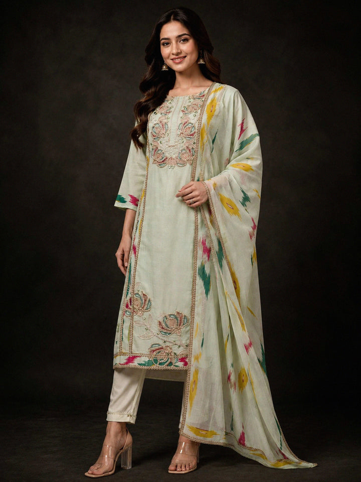 Lemon-Green Embroidery Cotton BlendKurta With Pant &amp; Dupatta