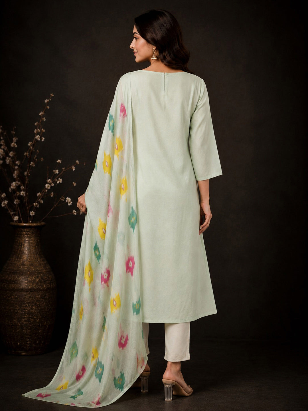 Lemon-Green Embroidery Cotton BlendKurta With Pant &amp; Dupatta