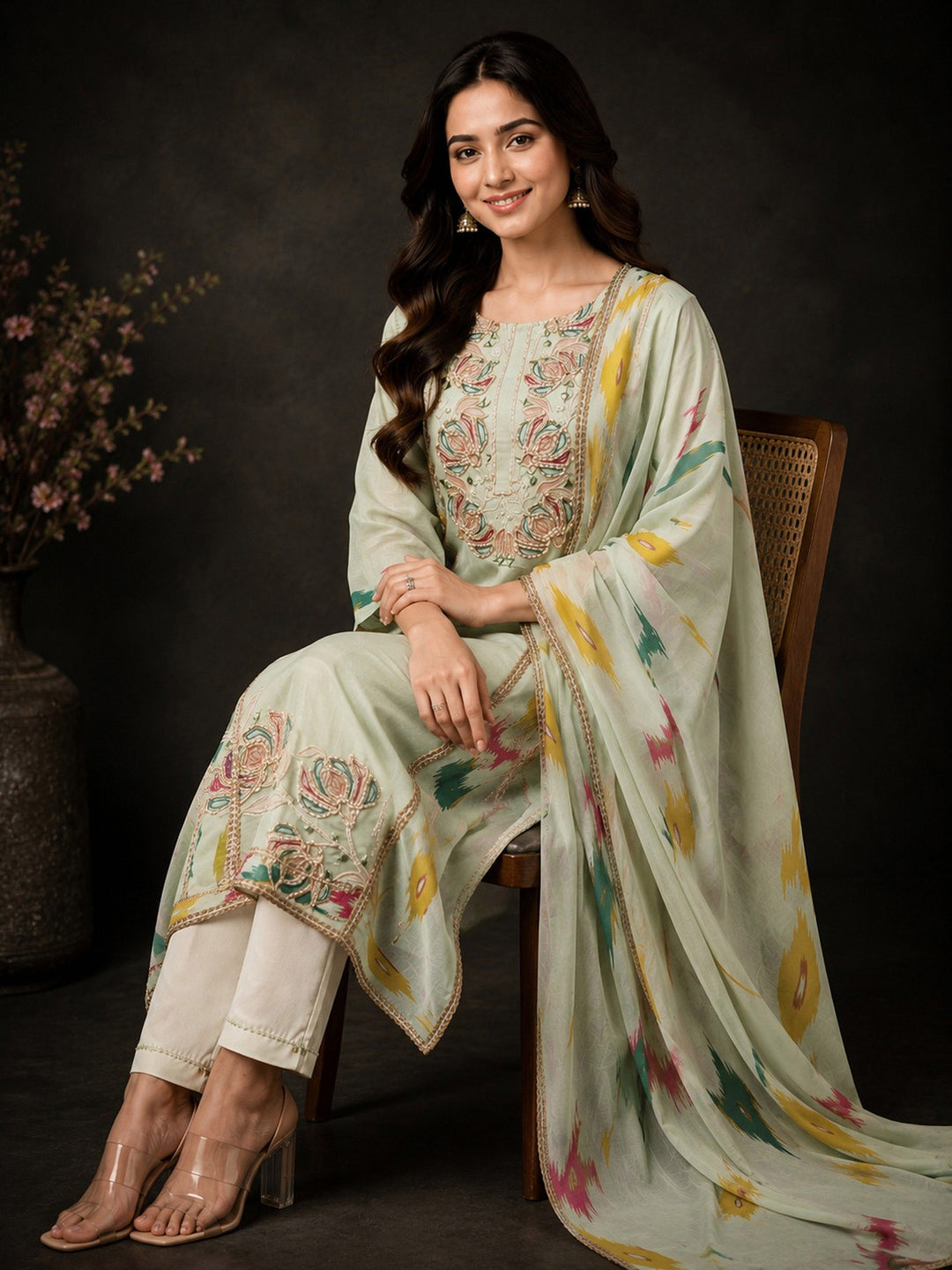 Lemon-Green Embroidery Cotton BlendKurta With Pant &amp; Dupatta