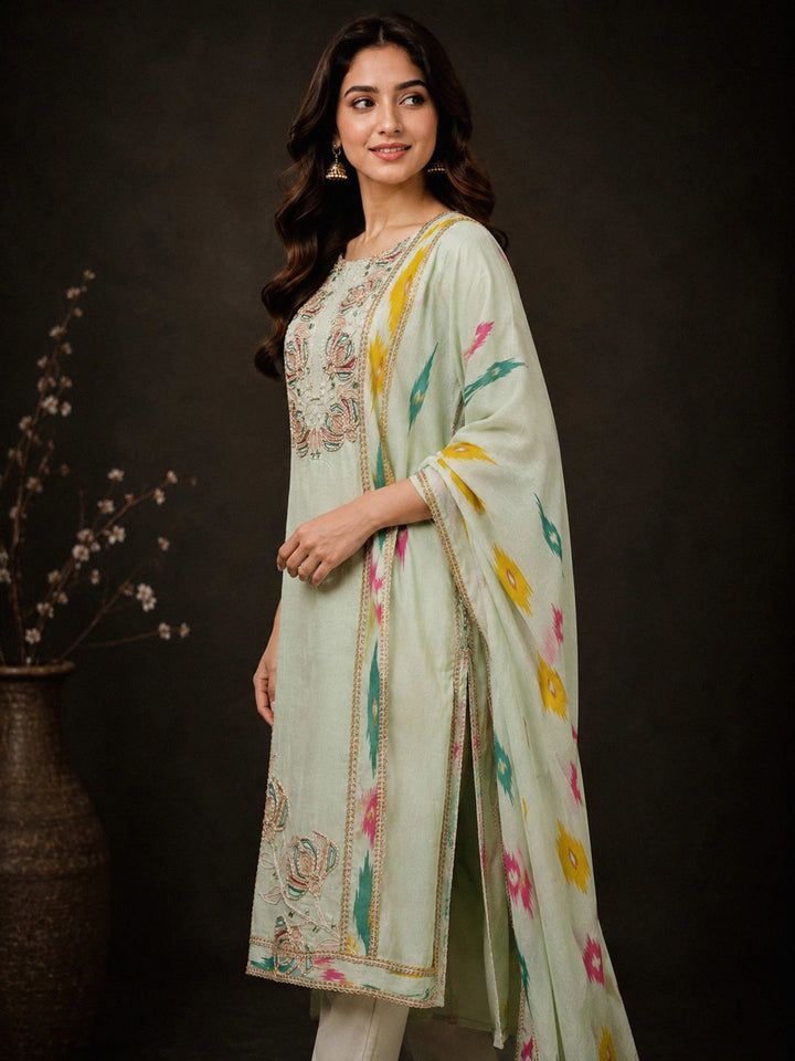 Lemon-Green Embroidery Cotton BlendKurta With Pant &amp; Dupatta